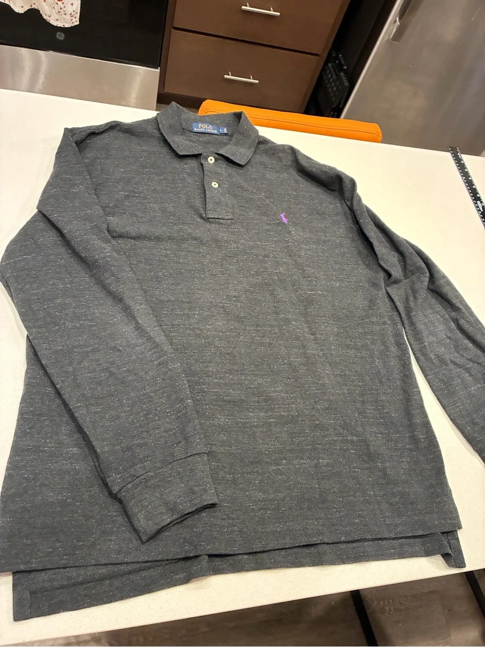 Polo by Ralph Lauren Charcoal Heather Long-Sleeve Polo with Purple Pony